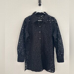 Natori Black Scroll Lace Button Down Long Sleeve Blouse Luxe Goth Size Medium